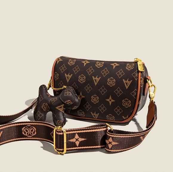 NEW!! Brown purse handbag with dog keychain and dust bag! Crossbody - Picture 1 of 12